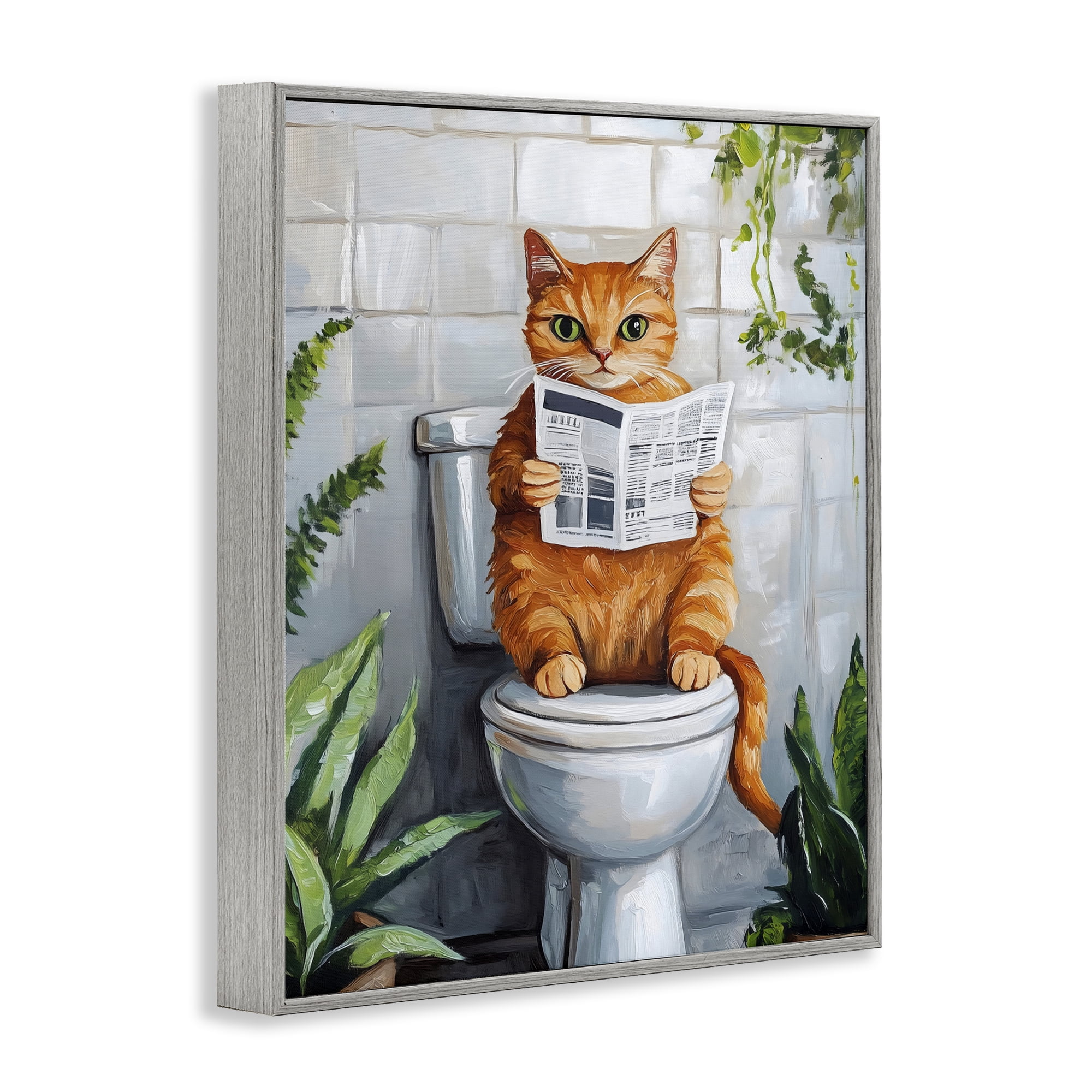 Stupell Industries Orange Cat Reading Paper Gray Framed Giclee Art, design by The Prints Vibe