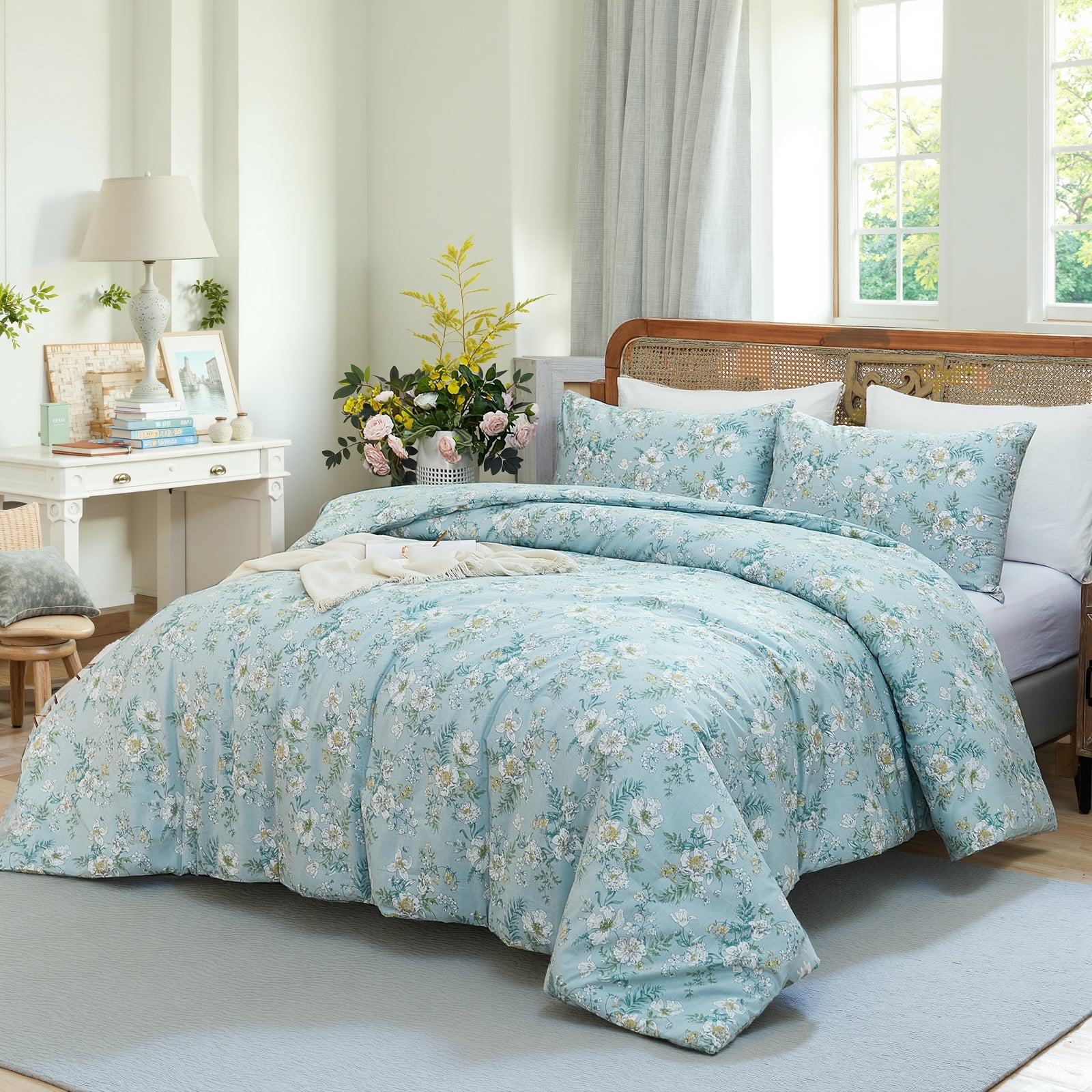 100% Cotton Comforter Set Queen Size, Botanical Floral Comforter with 2 Pillowcases, Vintage Garden Flowers Pattern, Soft Breathable Bedding for All Seasons