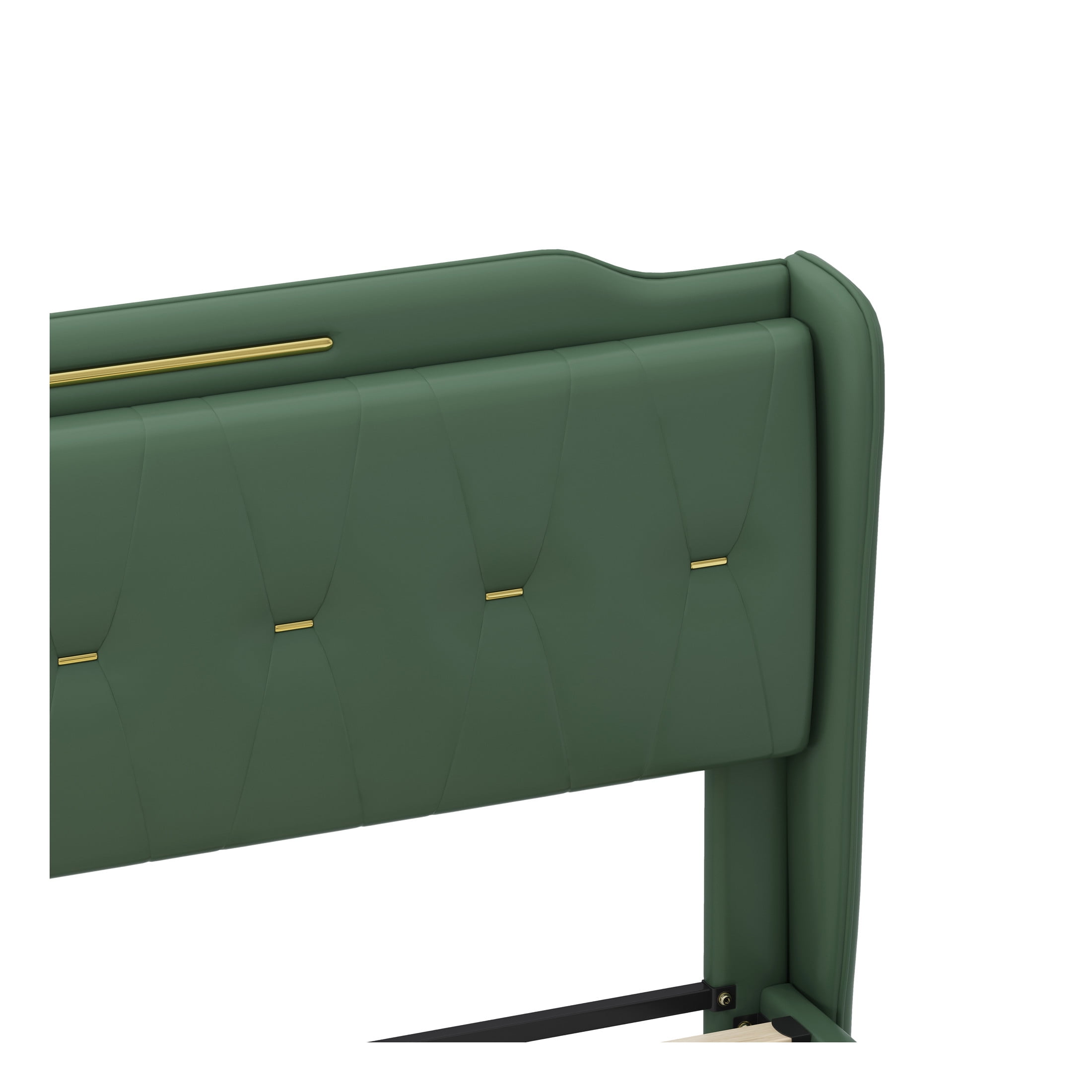 Salas Queen Size Green Modern Upholstered PU Leather Platform Bedframe with Gold Metal Accents and Wingback Headboard