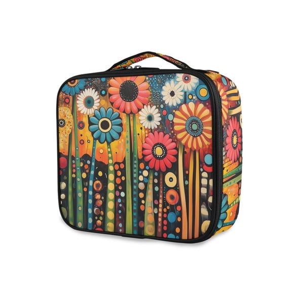 FORMRS Travel Makeup Bag Large Capacity Train Case Cosmetic Organizer with Adjustable Dividers, Red Colorful Flowers with Dots