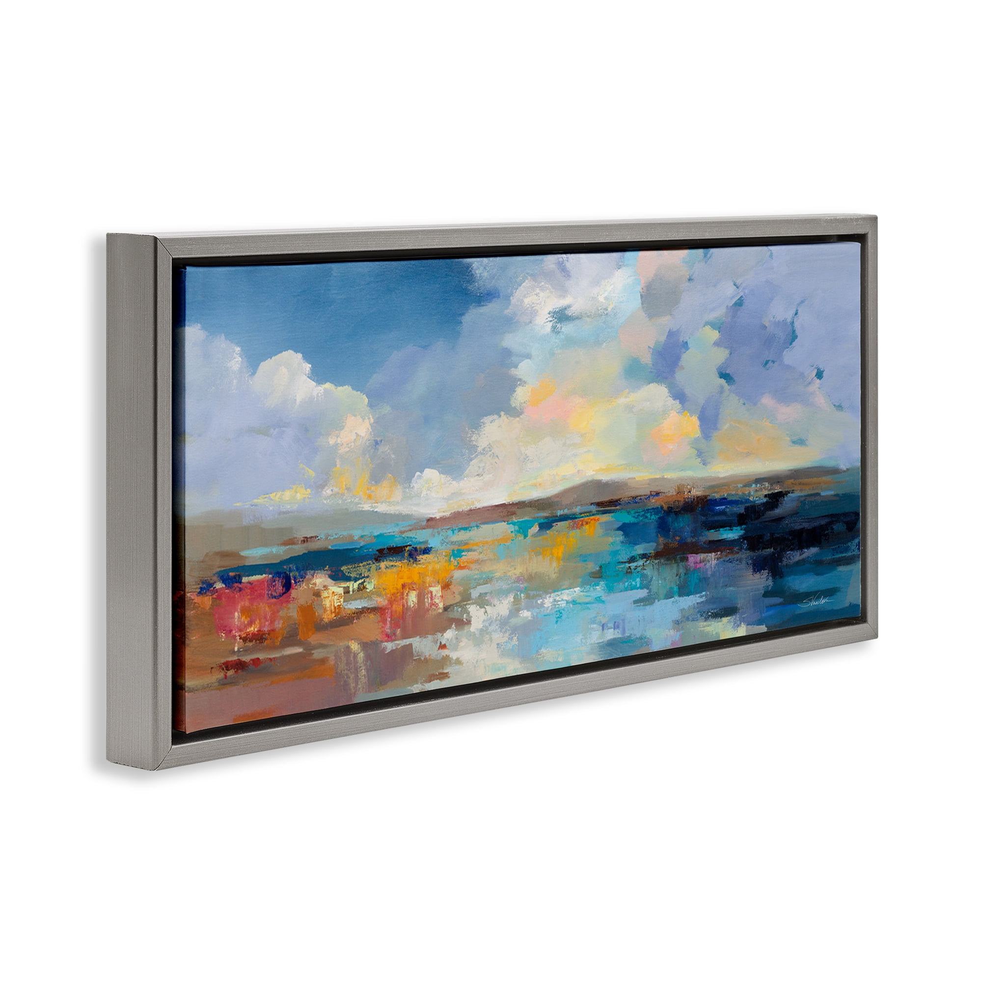 Stupell Industries Seaside Sunset Abstract Landscape Painting Gray Floater Framed Canvas Art Print Wall Art, 25 x 11