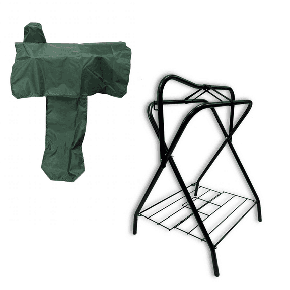 AJ Tack Freestanding Portable Horse Saddle Rack with Green Western Saddle Cover