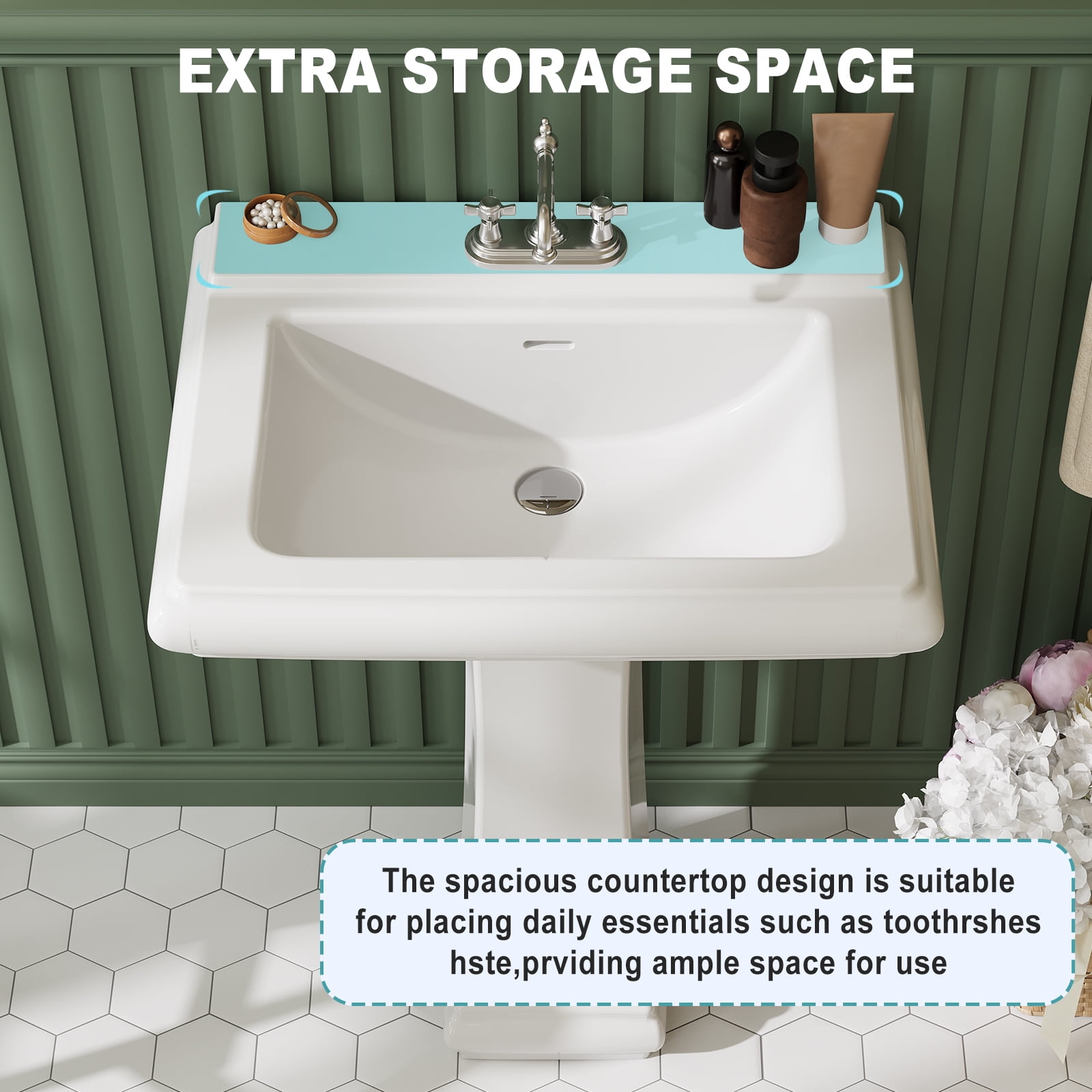 26"L X 21"W Rectangular Pedestal Sink, White Ceramic Pedestal Bathroom Sink with 3 Faucet Holes At 4" Faucet Centers, with Overflow
