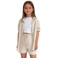 thumbnail image 2 of 2 Piece Sets for Girls Summer Lounge Set Kids Oversized Button Down Short Sleeve Shirt Matching Shorts Vacation Outfits (Khaki, 7-8 Years), 2 of 4
