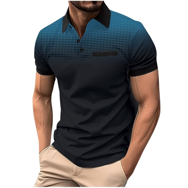 Penkiiy T-Shirts à Pois Dégradés pour Hommes Col Rabattu Bouton Sport Manches Courtes Col Rabattu Mode Décontractée 2TG Marine