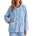thumbnail image 3 of Lcziwo Womens Fleece Jacket Button Down Long Sleeve Loungewear Bow Texture Fuzzy Cozy Pajama Tops with Pockets 2026 Blue,XXL, 3 of 9