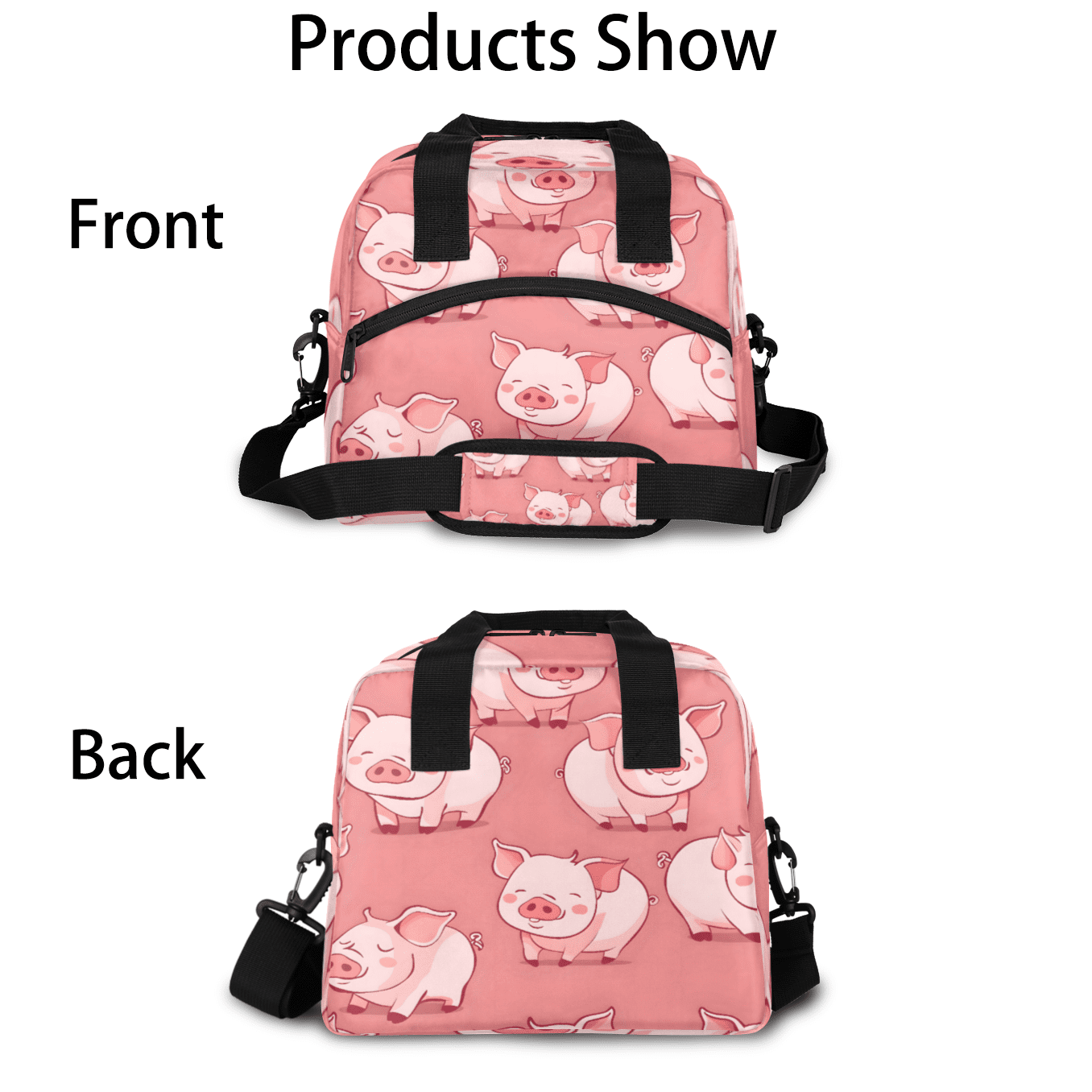 Herdesigns Pink Pig Insulated Lunch Bag for Women Men Adults Large Reusable Lunch Box Leakproof Portable Cooler Tote Bags with Adjustable Shoulder Strap