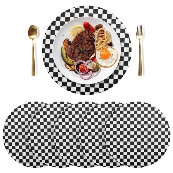 Black and White with Checkered Round Plate Mats Non-Slip Place Mat Washable PVC Table Mats Set of 4 Heat Resistant Table Decoration for Kitchen Dining