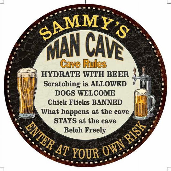 SAMMY'S Man Cave Rules 14" Round Metal Sign Garage Wall Decor 100140010224