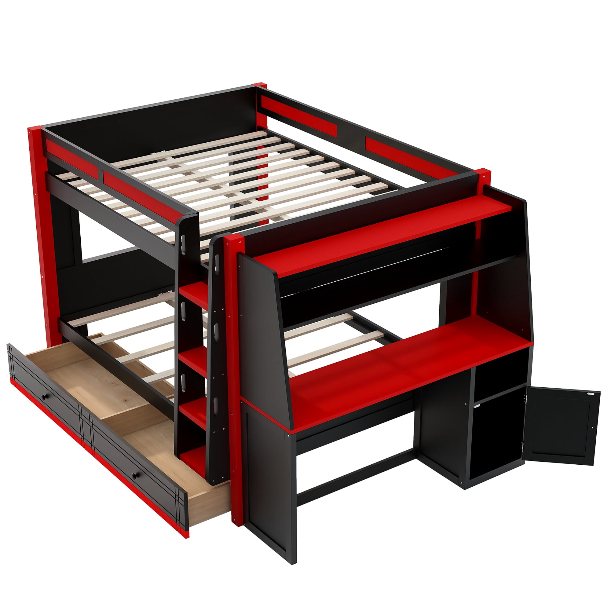 Euroco Wood Full over Full Bunk Bed with Desk and Shelves, Gaming Bed with Drawers and LED Lights, Red & Black