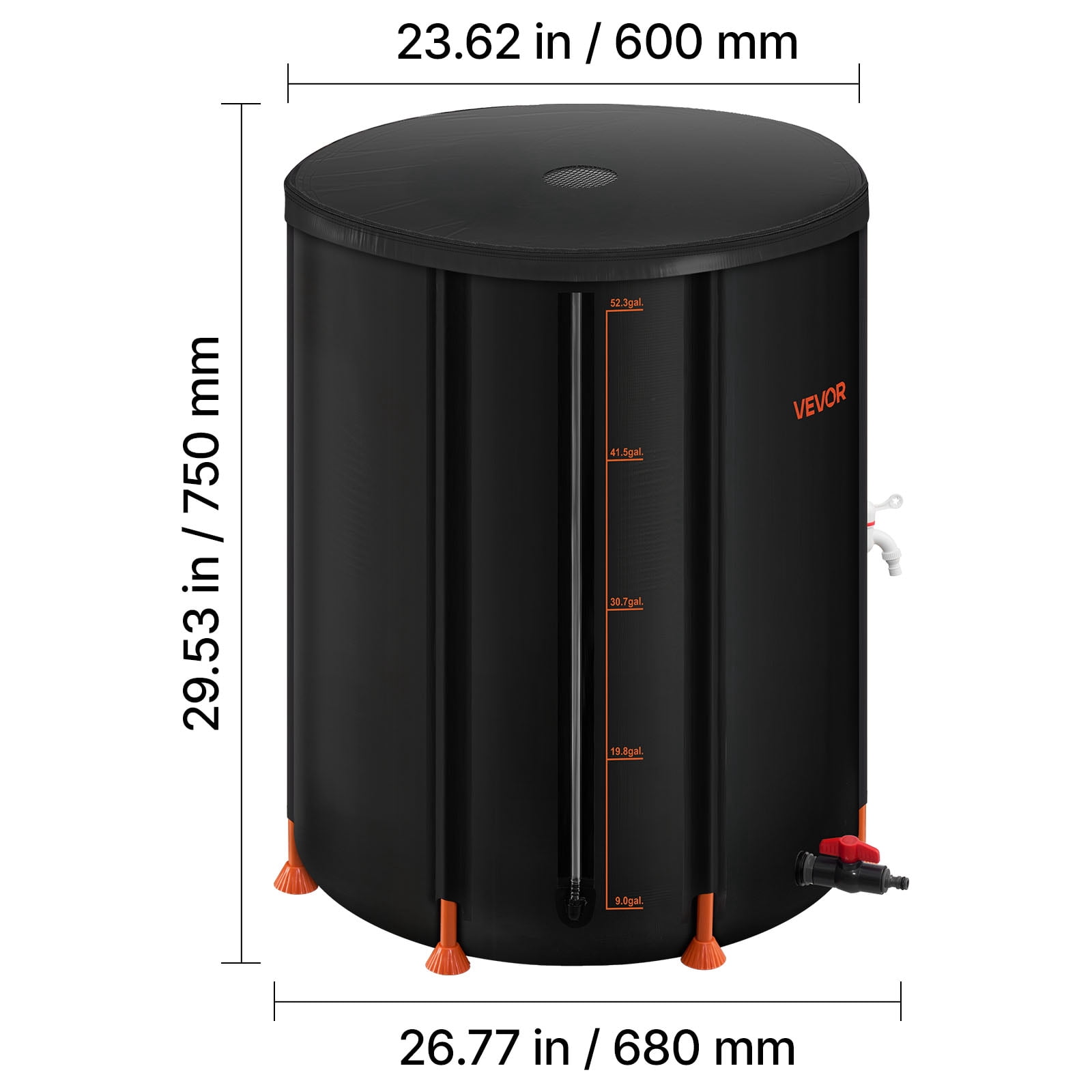 VEVOR Collapsible Rain Barrel, 53 Gallon Portable Rain Water Collection Barrel, 1000D PVC Rainwater Collection System, Garden Water Catcher Tank Storage Container with Spigot & Overflow Kit, Black