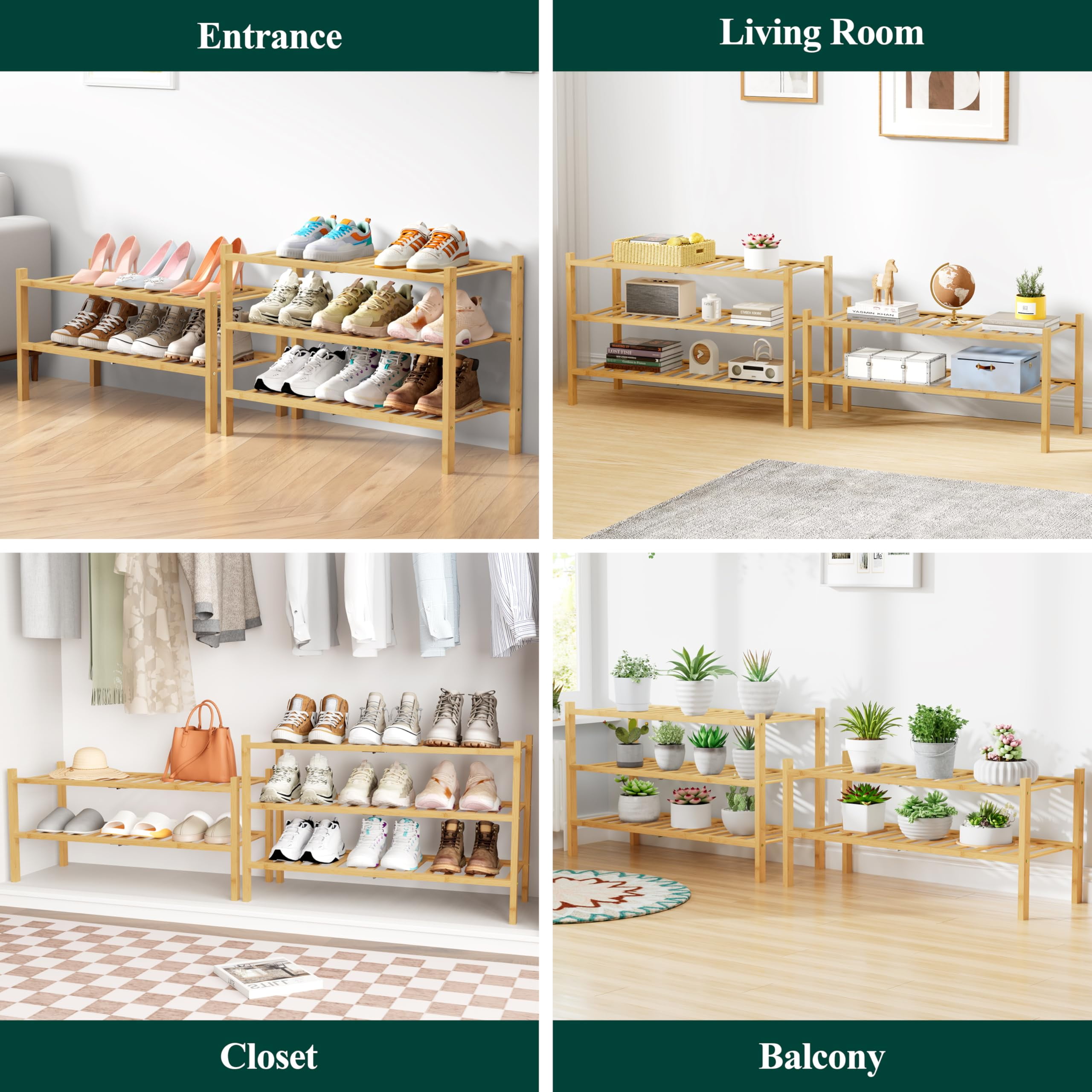 decorUhome Bamboo 4 Tier Shoe Rack for Closet, Shoe Storage Organizer, Wood Shoe Shelf for Entryway, Natural