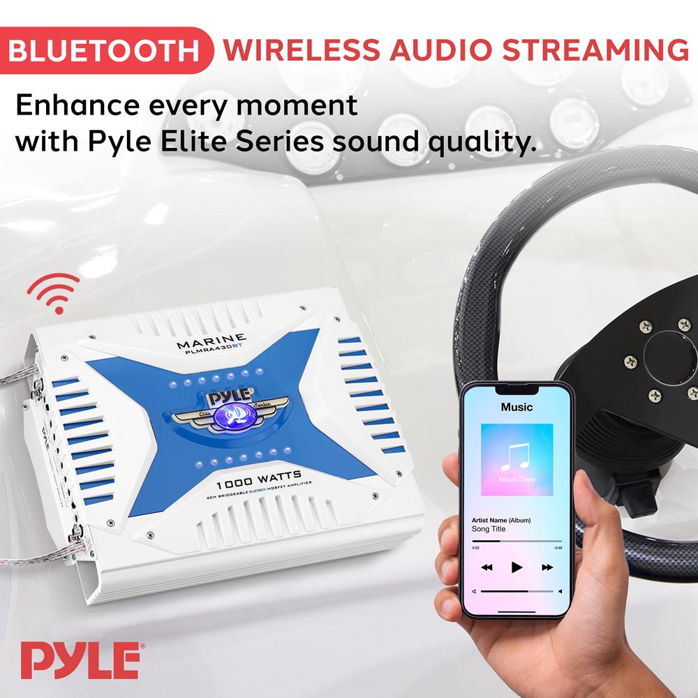 Pyle 2.1 Bluetooth Marine Amplifier Receiver - Waterproof 4 Channel Wireless Bridgeable Audio Amp for Stereo Speaker with 1000 Watt Power Dual MOSFET Supply, GAIN Level and LED Indicator