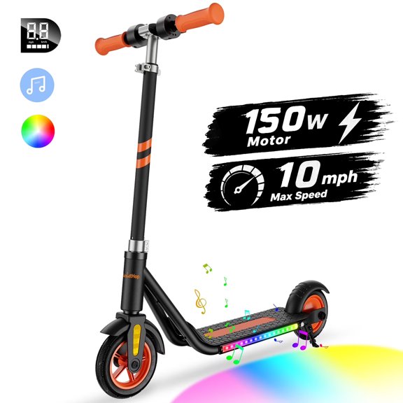 Electric Scooter for Kids Ages 6 , Led Display, Colorful Lights, Bluetooth Music Speaker, 4 Height Adjustable, 150w Hub Motor, Up to 10 mph, Best Gift Ideas for Boys and Girls(Black)
