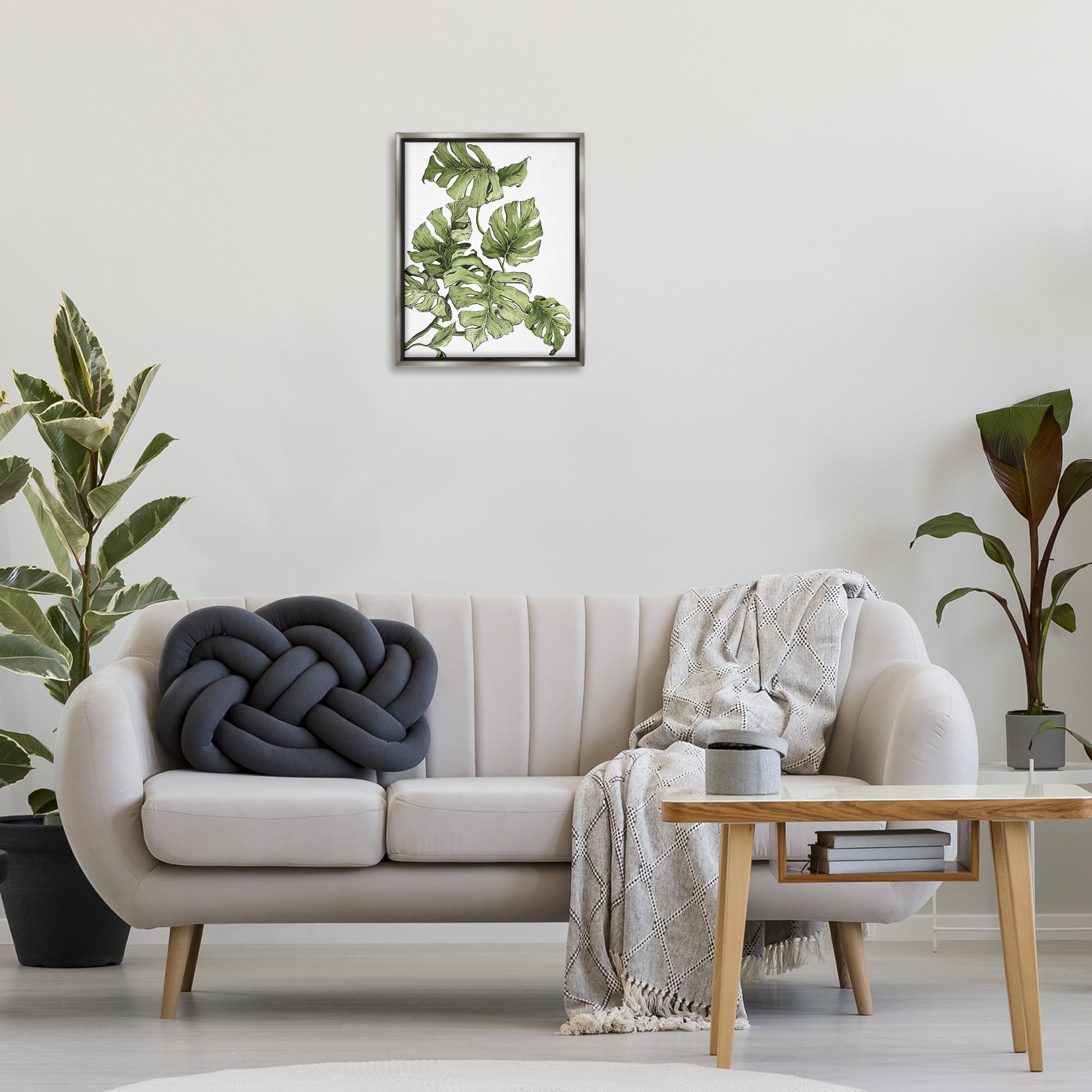 Stupell Industries Falling Monstera Leaves Botanical & Floral Painting Gray Floater Framed Art Print Wall Art, 17 x 21