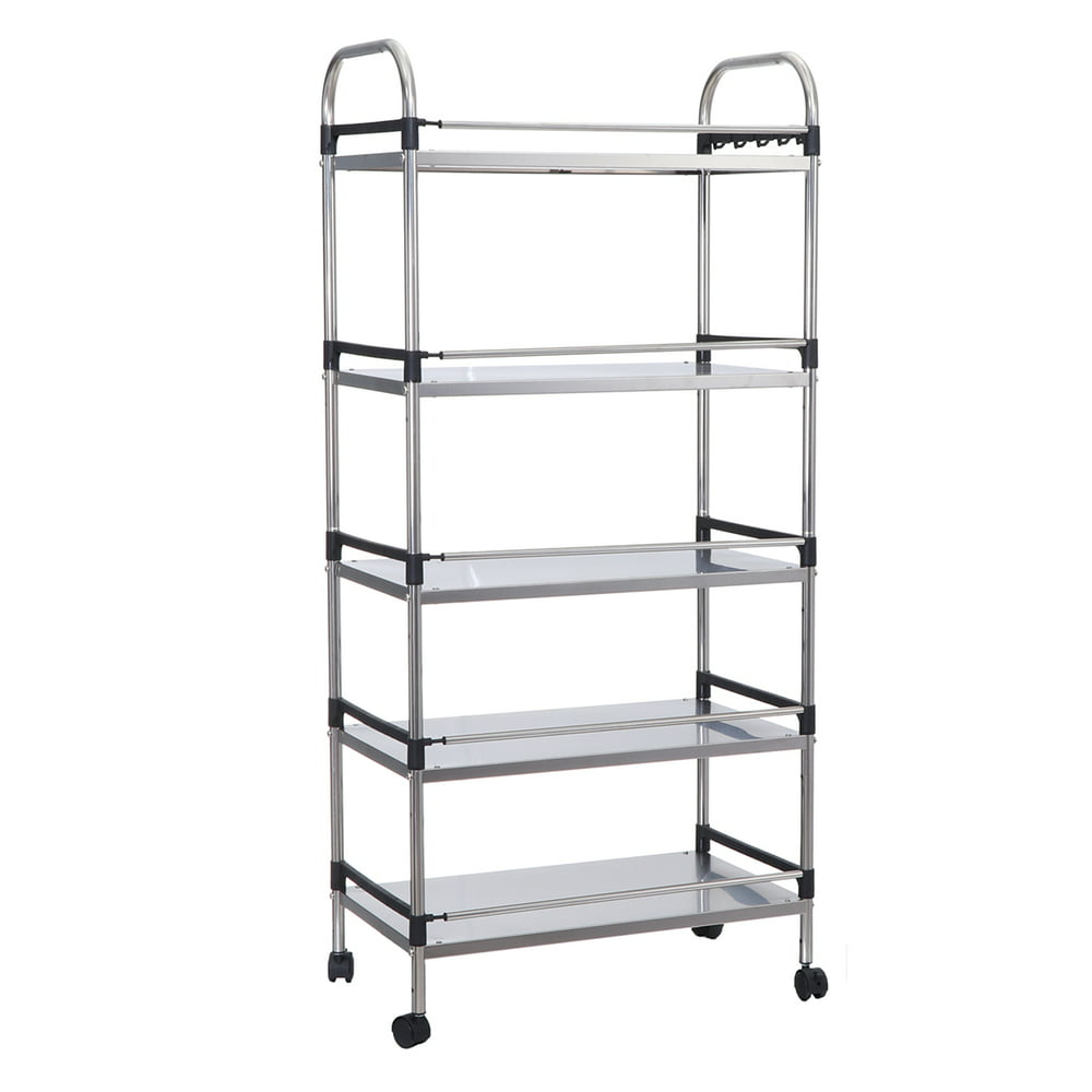 360° Rolling Bakers Rack with 4 Wheels, 5 Tiers Thicken Stainless Steel Stainless Steel Bakers Rack On Wheels
