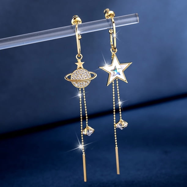 WILLBEST Aretes Plata Pendientes De Borla Asimétricos Con Forma De Estrella De Cinco Puntas Y Pequeño Universo, Pendientes Largos De Moda Con Temperamento De Estrella Y Luna Para Mujer