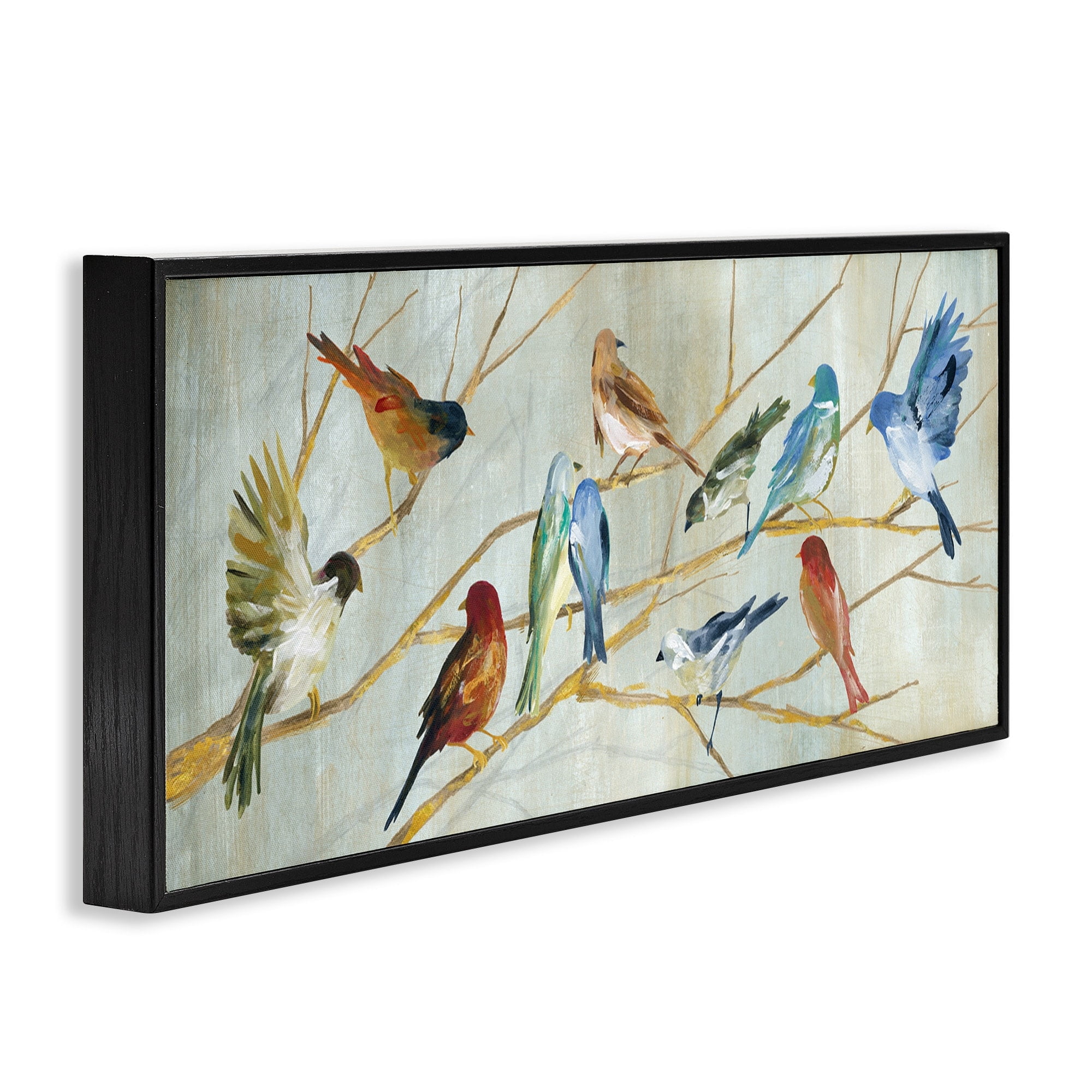 Stupell Industries Birds Resting Autumn Tree Branches Blue Red Brown Animals & Insects Painting Black Framed Art Print Wall Art, 13 x 30