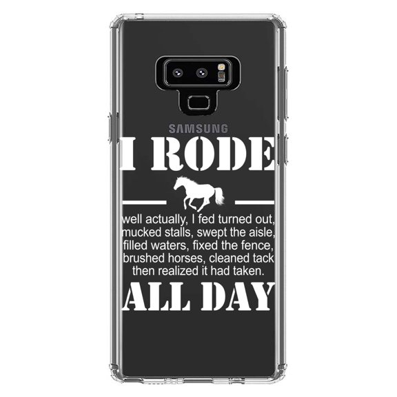 DistinctInk Clear Shockproof Hybrid Case for Samsung Galaxy Note 9 - TPU Bumper Acrylic Back Tempered Glass Screen Protector - I Rode All Day - Horse