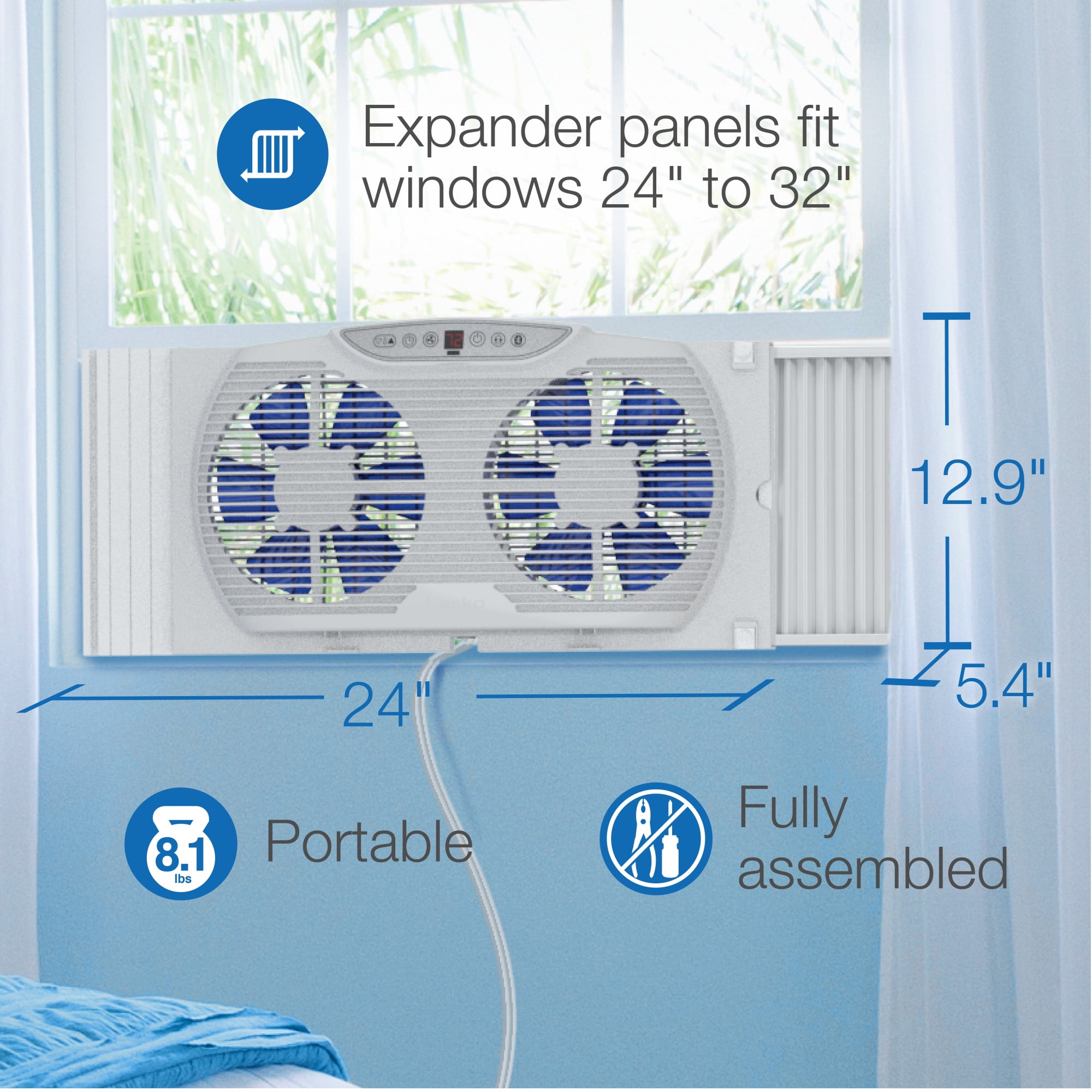 Lasko Electrically Reversible Twin Window Fan with Bluetooth® Technology, 13" H, W09560, White