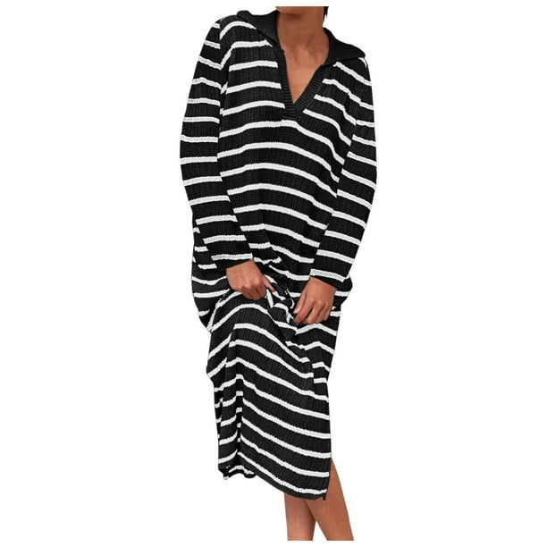 Vestidos Para Mujer Verano Otoño 2024 Vestido de Rayas de Manga Larga Con Cuello En V y Abertura Lateral Vestidos Largos Casuales