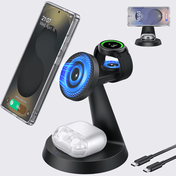 Geyo Magnetic Wireless Charger for Samsung, 3 in 1 Wireless Charger Station for Galaxy S26 Ultra/S25, Watch 8/7/6, Buds, Black (Adapter Not Included)