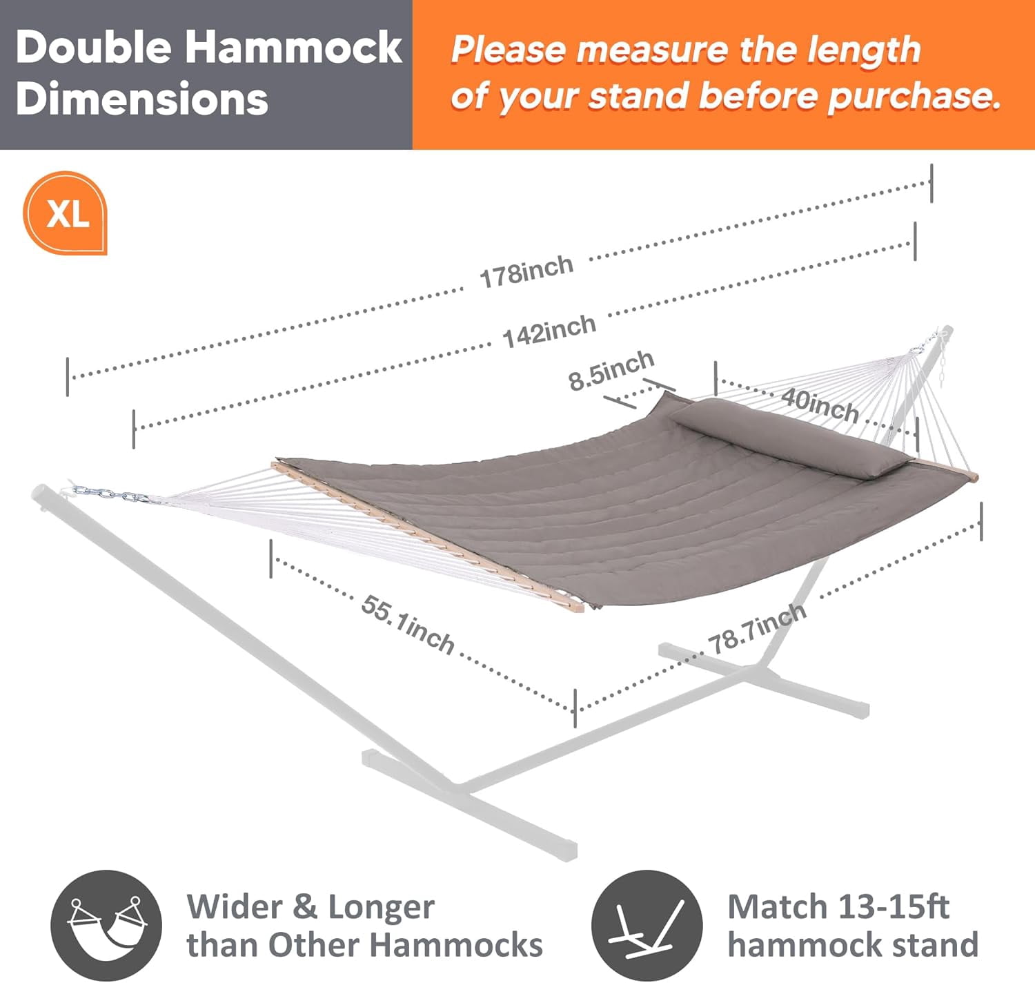SUNCREAT Hammocks 2 Person Hammock with Hardwood Spreader Bar, Double Rope Hammock with Polyester Pad, Brown