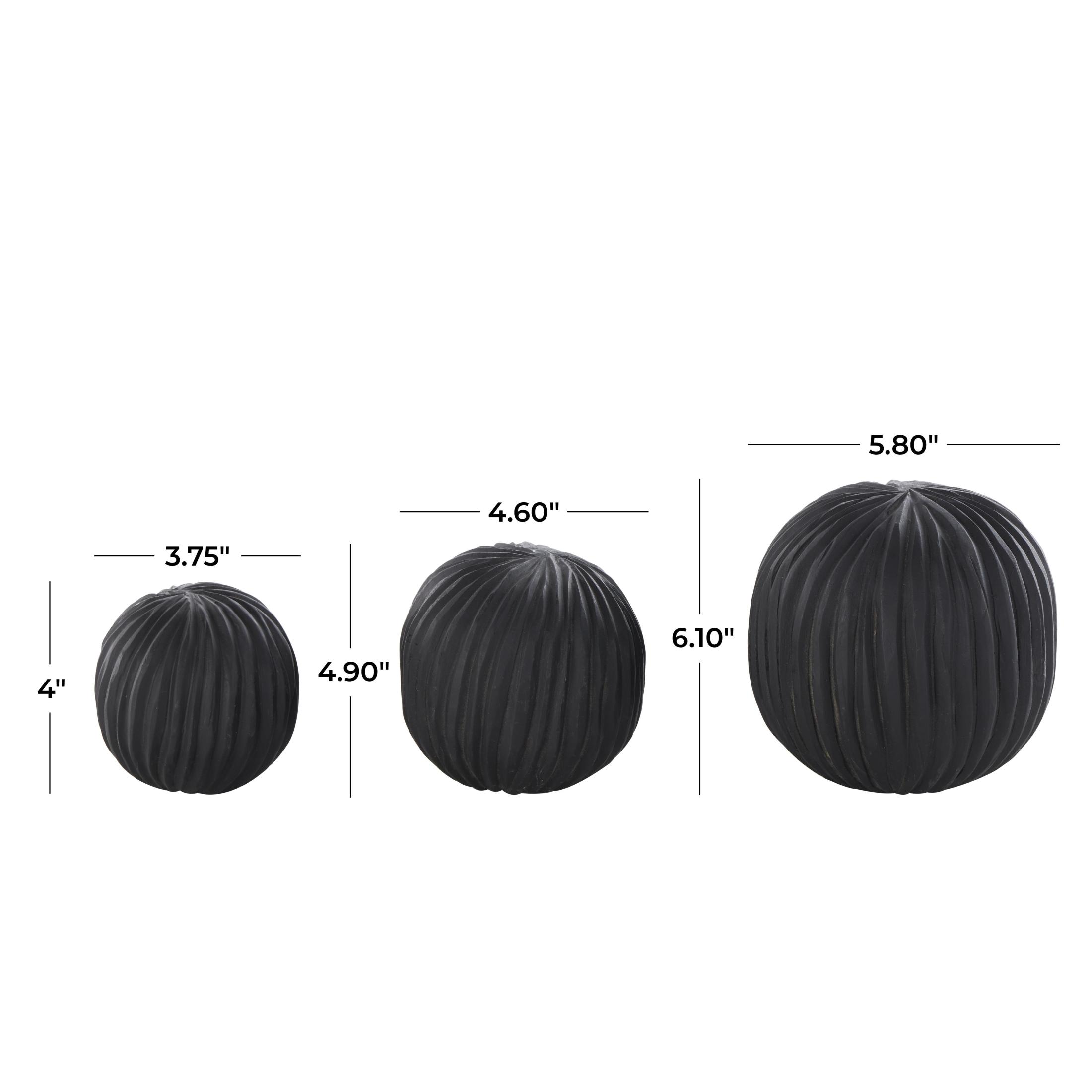 DecMode Black 6" Handmade Carved Textured Teak Wood Orbs & Vase Filler with Wavy Ridges (3 Count)