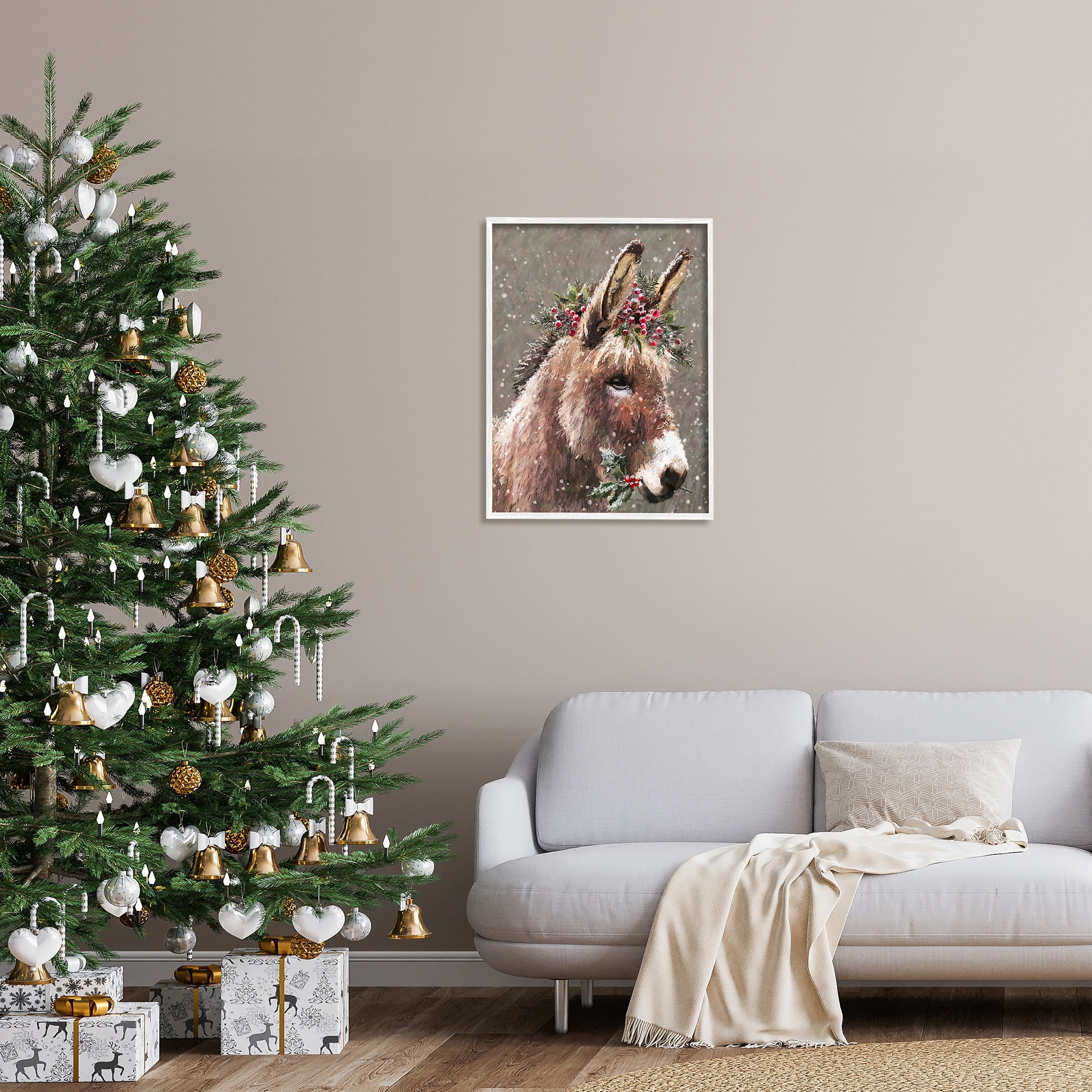 Stupell Industries Winter Donkey Snow Falling Holiday Painting White Framed Art Print Wall Art