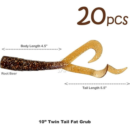 20pcs Root Beer 8 inch Twin Tail Perch Grub 10 (with Tail Extended) Scampi Soft Lure Come with a pre-Hole