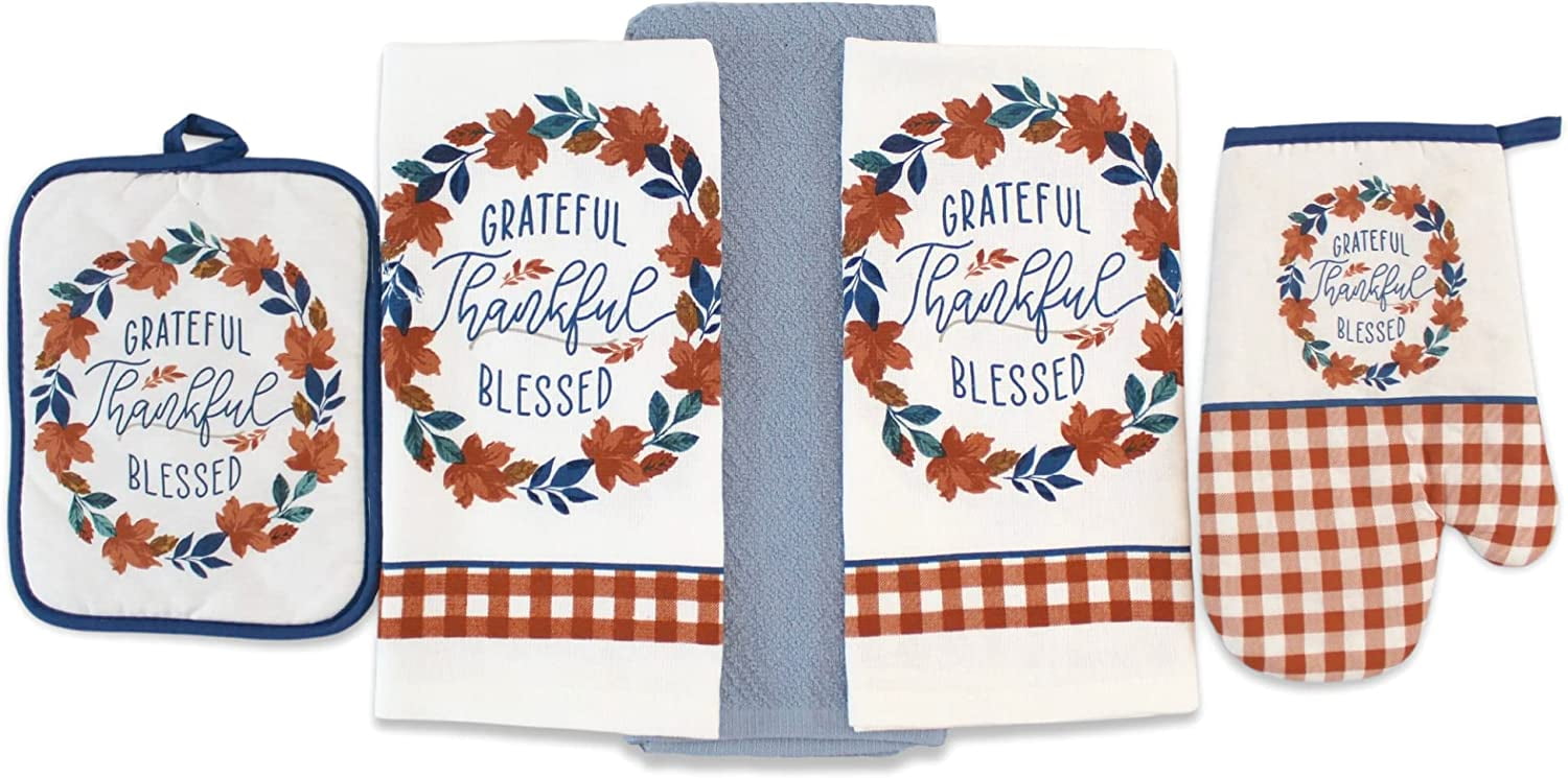 Farmhouse Fall Decor Kitchen Towels and Pot Holder Set: Welcome Harvest Wreath with Burnt Orange and Blue Leaves