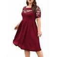 thumbnail image 3 of Robe Midi Grande Taille en Dentelle Mousseline Portefeuille à Col Rond pour Femme, Cocktail, Invitée de Mariage, Rouge Vin, TTG, 3 of 9