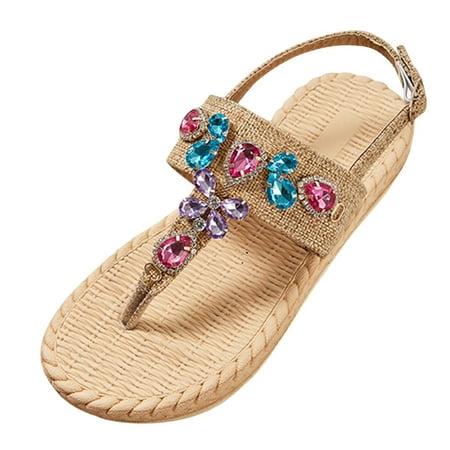 

GNEIKDEING Sandals SlipOn Flat Breathable Women s Bow Open Beach Weave Slippers Toe Shoes Rhinestone Summer Women s Sandals Gift on Clearance