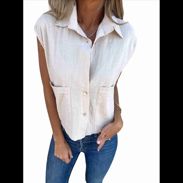 Camisa de y Algodón para Mujer, Blusa Holgada de Verano con Cuello en V y Corta, Informal, Color Albaricoque XXXL