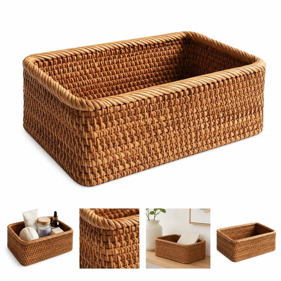 Handwoven Rattan Storage Basket, Rectangular, Natural Brown