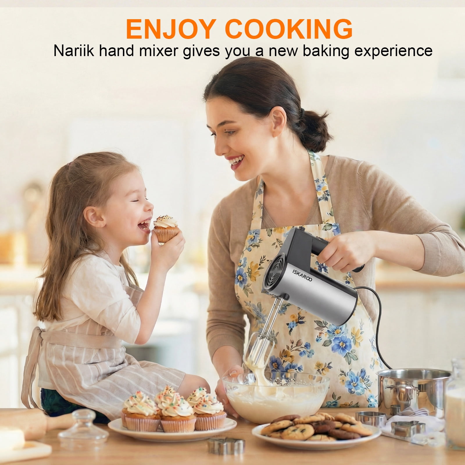 ISKAROO 5 Speed Hand Mixer with Stainless Steel Beaters, Dough Hooks, Cookie Mixer, 5 Speed with Turbo Boost, Food Beater for Kitchen Baking Cakes, Eggs, Cream, Black
