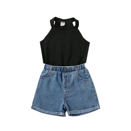 

Calsunbaby Kids Baby Girls Summer Clothes Outfits Sleeveless Tank Tops Stretch Casual Denim Shorts Set Black 4-5 Years