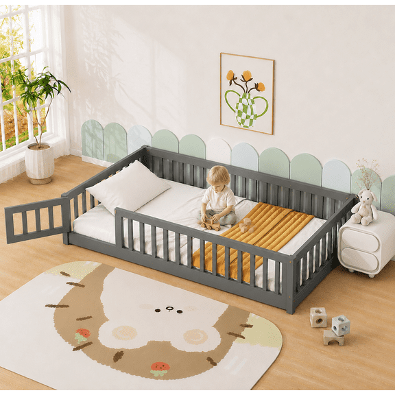 PAPROOS Twin Montessor Floor Bed, Solid Wood Toddler Bed with Safety Guardrail and Door, Easy Assembly, Low-to-Floor Bed Frame with Slats for Kids, Gray