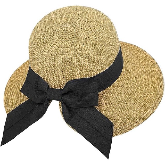Sombrero de paja para mujer, plegable, de ala ancha, plegable, con protección solar UPF 50, color beige