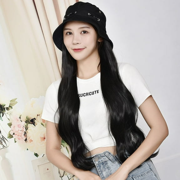 DOPI Human Hair Wigs For Women Black Color Natural Lace Hair Hat Wig One Wig Female Long Curly Hair Big Wave Wig Set Hat