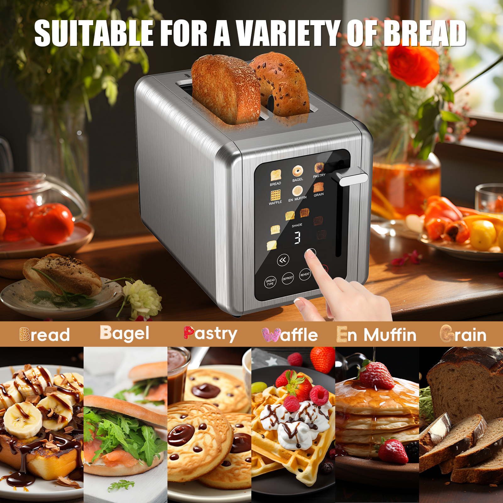 WHALLULTRA Touchscreen Toaster 2 Slice, Stainless Steel, 1.5 " Wide Slots, Bagel, Defrost, 850W