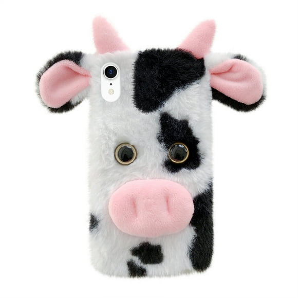 1pc Fluffy Fluffy Plush Cow Fase Mobile Case Protector compatible con iPhone XR