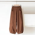 thumbnail image 3 of Miluxas Ladies' Trendy Wide Leg Lantern Pants with Pockets Solid Smoked High Waist Loose Fit Trousers Summer Outfits Boho Beach Wear Coffee, 3 of 8
