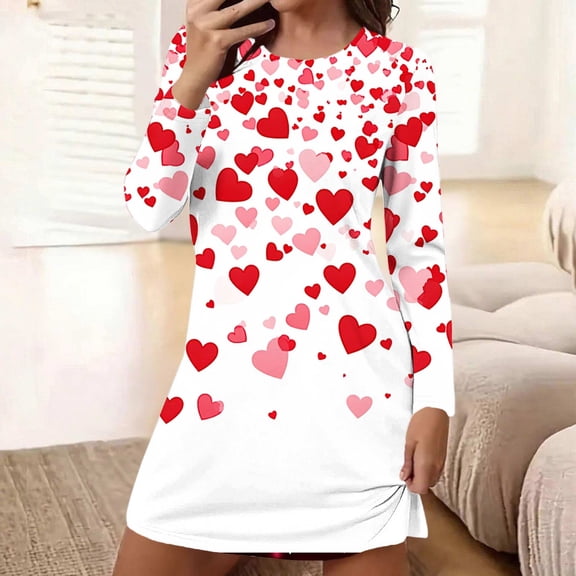 Sakmal Long Sleeve Mumu Nightgownss for Women Valentines Cute Love Loungewear Knee Length Heart Print Womens Nightgown L