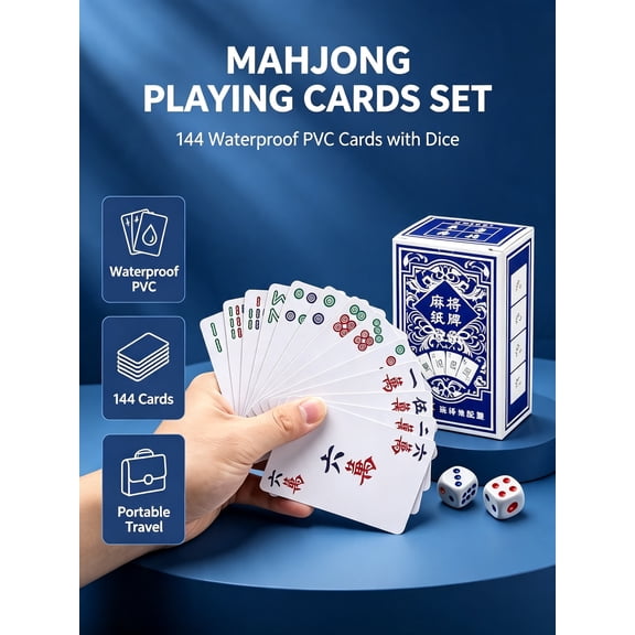 144 Pcs Mahjong Card Game Set, Waterproof PVC Portable Travel Mahjong Playing Cards with 2 Dice