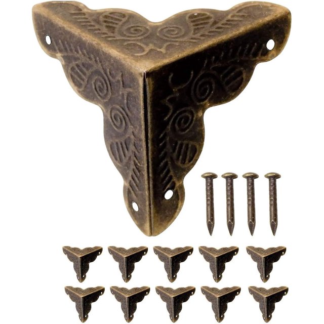 5 Paquete de 12 esquinas de muebles de metal antiguo, esquinas de protección de bordes para cajas y muebles Estilo vintage Latón envejecido 40 clavos surtidos.