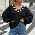 thumbnail image 6 of Edvintorg Womens Sweaters Floral Long Sleeve Casual Knit Sweater V Neck Loose Pullover Top Womens Fashion Black M, 6 of 6