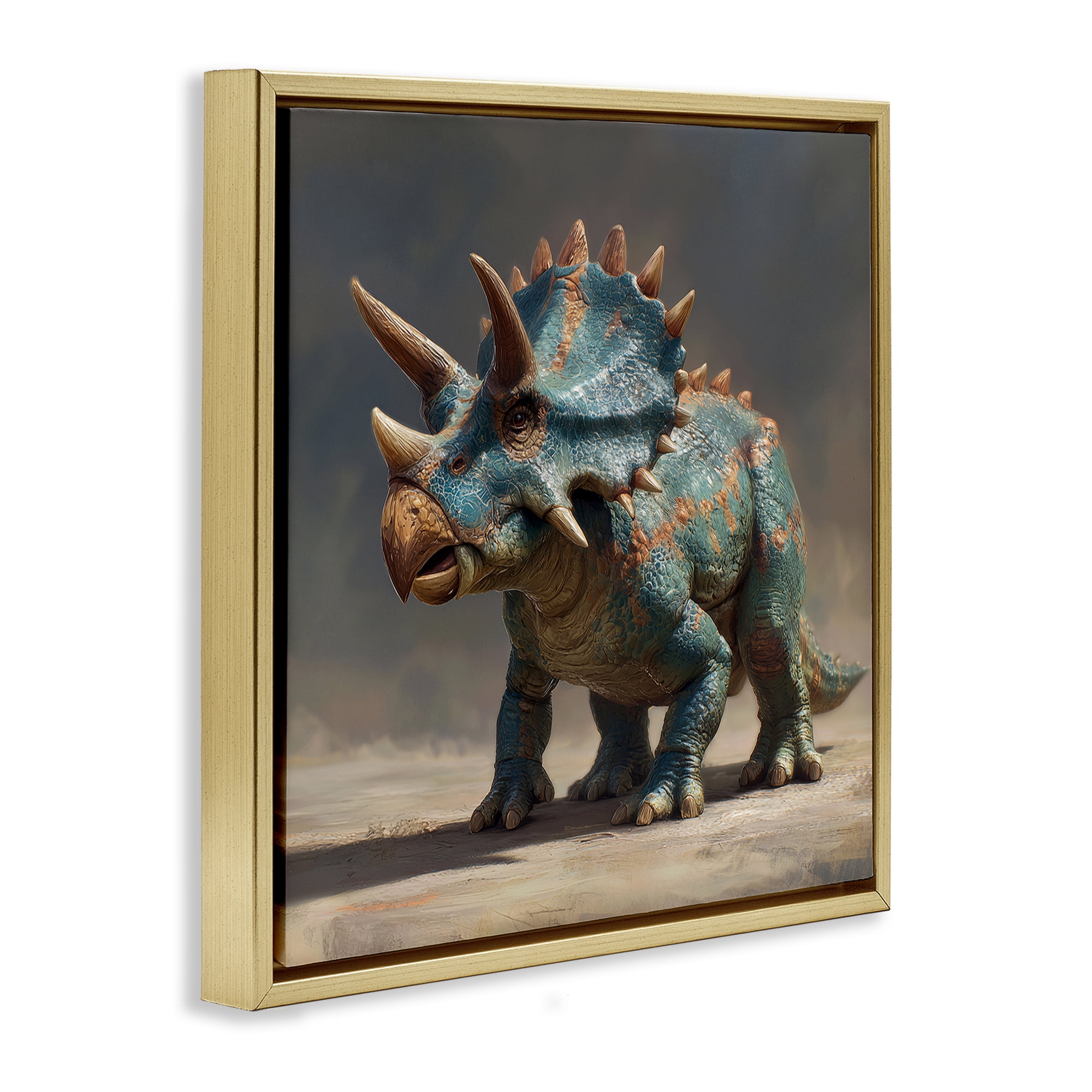 Stupell Industries Horned Triceratops at Sunrise Gold Framed Floater Canvas Wall Art, design by Wumples