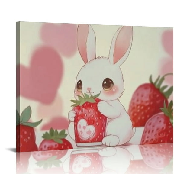 FCXZI Bunny Strawberries Cute Wall Art Print on Canvas for Home Decor, Ready to Hang Room Art 16x12in