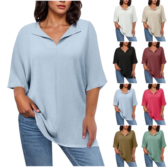 Ropa de mujer,Blusa informal de poliéster con cuello en V y mangas 3/4, talla grande, suave y cómoda para mujer, sopatenor